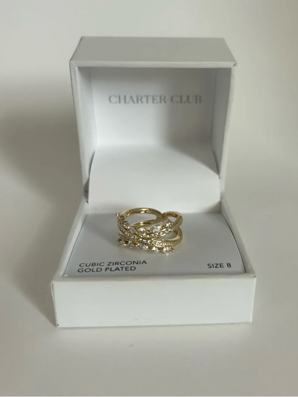 Charter Club Gold Plated Cubic Zirconia Crossover Ring Size 8